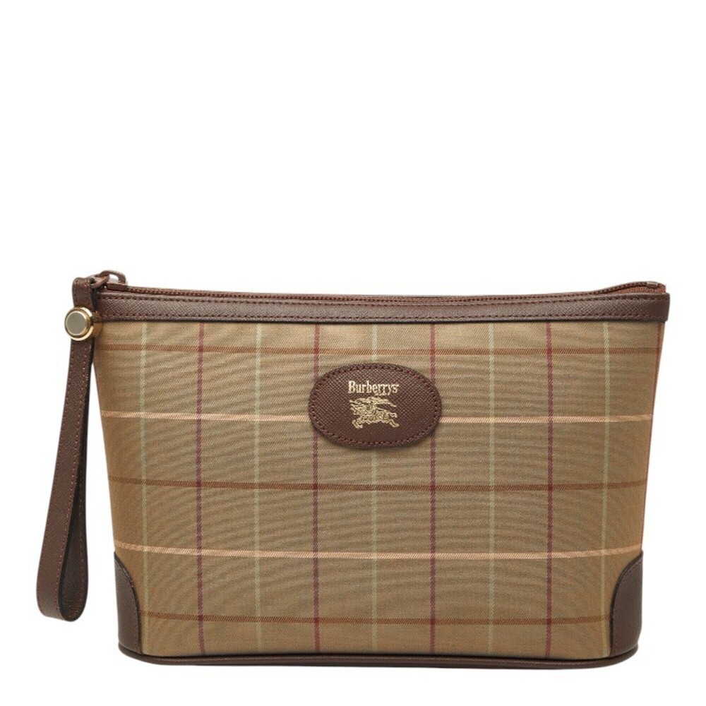 Burberry Check Handbag Pouch Khaki Green Brown Canvas Leather Women's BURBERRY